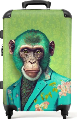 Produktbild von NoBoringSuitcases.com® Großer Koffer - Affe - Colbert - Blumen - Neon - Porträt - Kombinationsschloss TSA - Hartschalen Trolley 4 Rollen - 72 liter - Reisekoffer - 66 cmKoffer Mittelgroß 67x43x25 cm, 72L,