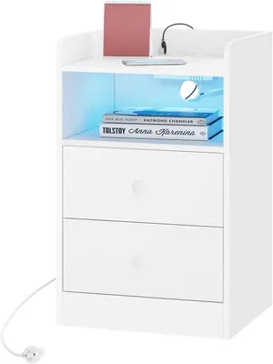 Obrázok produktu pre Nočný stolík s zásuvkami, USB portami a LED osvetlením | Biely | 40x35x64 cm