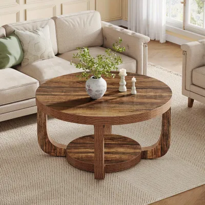 Image de Table ronde basse - Table d'appoint moderne - Table de salon - Table pour le salon - Table de rangement - Design à deux niveaux