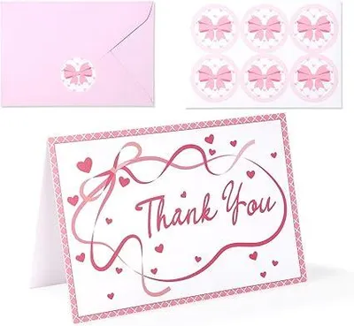 Zdjęcie produktu dla Kartka z podziękowaniem Thank You Różowa Kokarda Koperta Naklejka