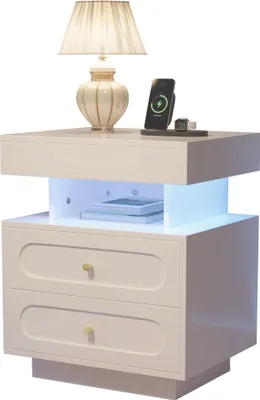 Obrázok produktu pre Nočná skrinka Nočná skrinka s LED osvetlením Nočná komoda s 2 zásuvkami, 1 otvorený úložný priestor, biela, š50/D40/H60 cm, drevotrieska