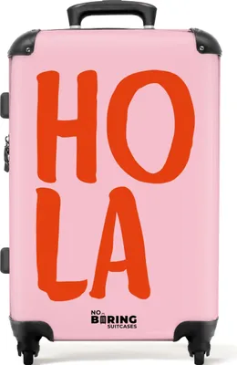 Produktbild von NoBoringSuitcases.com® Großer Koffer - Rosa mit rotem Spruch 'hola' - Kombinationsschloss TSA - Hartschalen Trolley 4 Rollen - 72 liter - Reisekoffer - 66 cmKoffer Mittelgroß 67x43x25 cm, 72L,