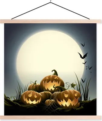 Produktbild von MuchoWow® Textilposter Eine Illustration von lachenden Kürbissen zu Halloween 40x40 cm mit holzfarbenen Rahmen - Posterleiste