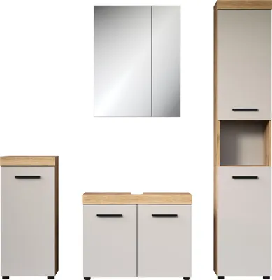 Zdjęcie produktu dla Zestaw mebli łazienkowych z dekorem dębowym i kaszmirowym, szerokość 164 cm - ELLIE