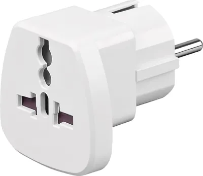 A white universal travel adapter is shown against a white background.