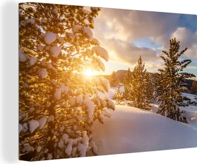 Produktbild von OneMillionCanvasses® - Leinwandbilder - 140x90 cm, Eine Winterlandschaft bei Sonnenuntergang, Wandbilder Kunstdruck Wanddekoration - Foto auf Leinwand - Gemälde auf Holzrahmen