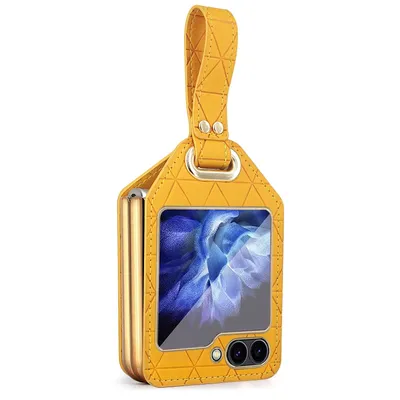Immagine prodotto di Per Samsung Galaxy Z Flip7 FE / Flip6 5G placcatura PC ibrido Custodia per cellulare in Finto cuoio con cinturino giallo