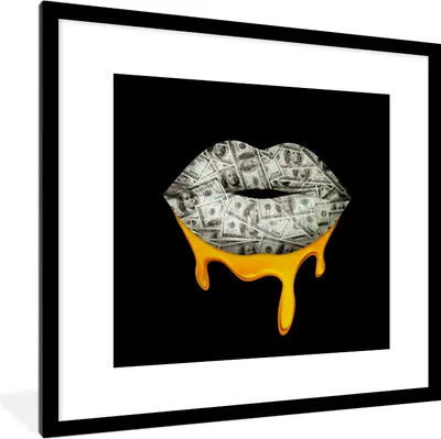 Produktbild von MuchoWow® MuchoWow® Gerahmtes Poster Lippen - Geld - Schwarz - Weiß 40x40 cm - Poster mit zchwarzem Bilderrahmen - Poster - Plakat im Rahmen
