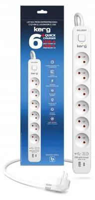 Imagen del producto de Regulador de sobretensión con toma de corriente múltiple de KERG, con 6 enchufes y puertos USB