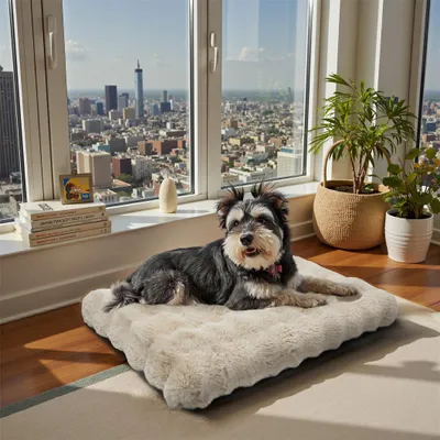 A dog is resting on a plush dog bed in front of a large window with a city view.