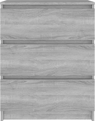 A front view of a gray wooden sideboard with three drawers.