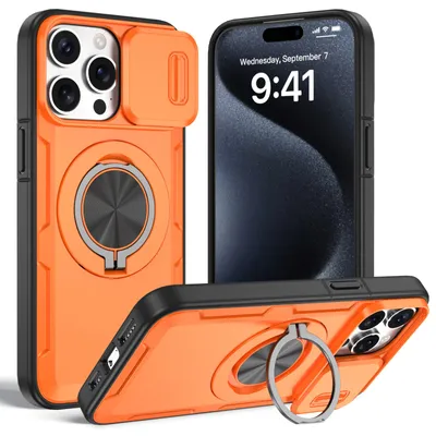 Produktbild von Magnetische Hülle für iPhone 15 Pro, Militär Stoßfest Handyhülle mit Kameraschutz und Ringhalter Ständer Orange