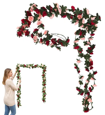 Künstliche Rosenranken rot-champagner, 2 Stück, 200 cm, Seide