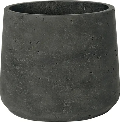 A dark gray, textured pot with a slightly tapered shape and a wide opening.