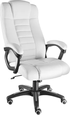 A white office chair with black accents is shown against a white background.