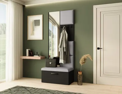 Produktbild von Garderobe MARGARET III , Farbe: Schwarz + Grau ,  mit gepolsterten Paneelen, Spiegel und Kleiderhaken