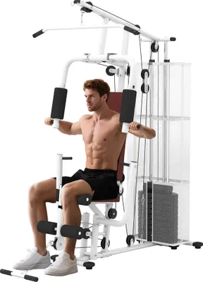 Zdjęcie produktu dla HOMCOM Power Station Fitness Station Sprzęt fitnessowy Wielofunkcyjny trening siłowy Stacja treningowa wielostanowiskowa z drążkiem do ćwiczeń na drążku motylkowym, liną 45 kg, sprzęt fitness do domu, biały