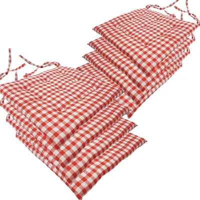 Produktbild von Stuhlkissen 40x40 cm ComfySeat - Sitzkissen mit Bändern / Schleife, 9-fache Steppung - Indoor & Outdoor, Farbe:Karo-Rot, Set:8er Set