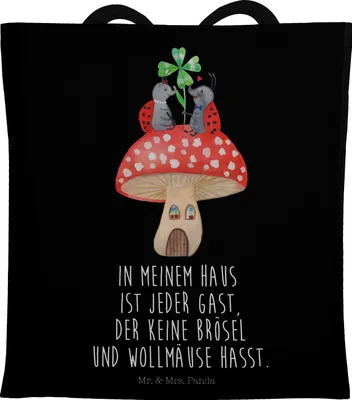 Produktbild von Mr. & Mrs. Panda Schultasche Marienkäfer Fliegenpilz - Schwarz - Geschenk, Jutebeutel, Haus, Stoffbeutel, Shopping Tasche, Zuhause, Lustige Sprüche, Tote Bag, Wohnung