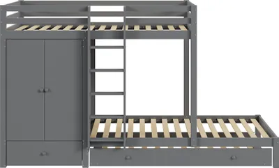 Produktbild von Flieks Etagenbett 90x200cm mit Kleiderschrank, Hochbett mit Ausziehbett, Kinderbett Stockbett mit Regal und Schublade, Holzbett Kinder, Grau