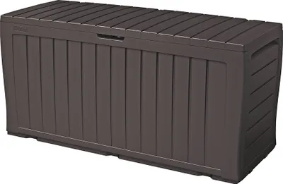 A brown plastic storage box with a slatted lid and front.