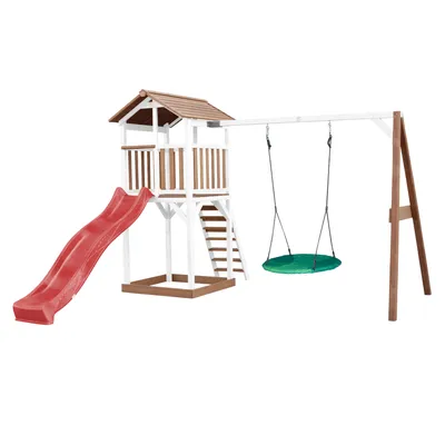 Produktbild von AXI Beach Tower Spielturm aus Holz in Braun & Weiß | Spielhaus für Kinder mit roter Rutsche, Nestschaukel und Sandkasten | Stelzenhaus für den Garten