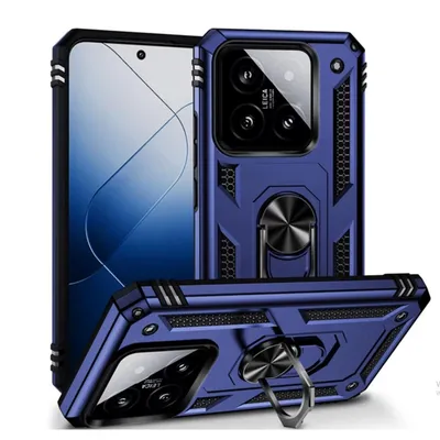 Three views of a blue smartphone case with a ring holder, showing the front, back, and side.