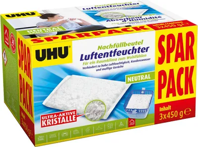 A box of UHU Luftentfeuchter (air dehumidifier) refill bags.