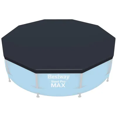 A dark gray pool cover is placed on top of a light blue inflatable pool.