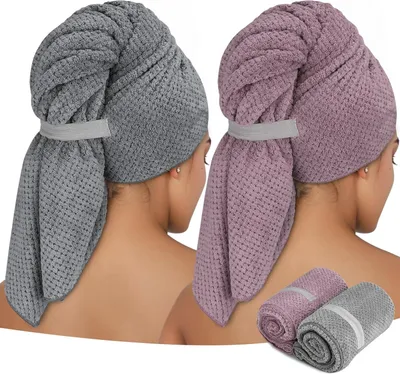 Produktbild von 2 Stück Mikrofaser Handtuch für Langes Haar/ 100 x 60 cm Premium Haarturban mit Elastischem Band/Schnell Trocknend Super Saugfähig