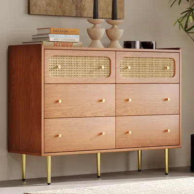 Zdjęcie produktu dla Merax kredens 120 cm z 6 szufladami, komoda wykonana z litego drewna z rattanowym splotem, drewniany wysoki kredens z metalowymi nogami, wygląd orzecha vintage, salon