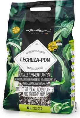 A bag of LECHUZA-PON plant substrate with green foliage graphics.