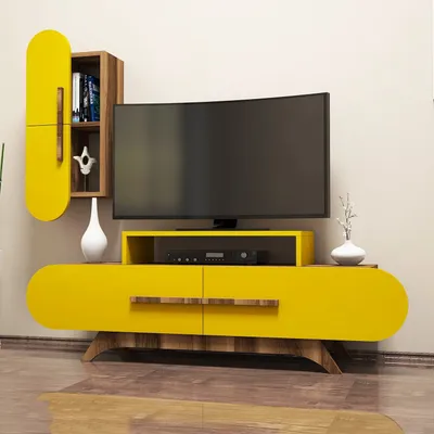 A modern yellow TV stand with a wall-mounted cabinet and a television.