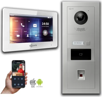Produktbild von Türsprechanlage mit Kamera Goliath IP 2-Draht Fingerprint RFID : Aufputzdose : 7 Zoll in Weiß Türklingel Montagedose: Aufputzdose Monitor Auswahl: 7 Zoll in Weiß