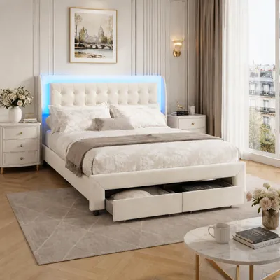 Produktbild von INONEFT Polsterbett 160 × 200 cm, hydraulisches Bett mit Stauraum und LED, Doppelbett mit 2 Schubladen und Lattenrost, Samt, beige, ohne Matratze