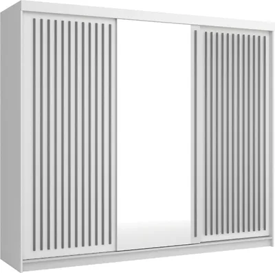 Produktbild von Kleiderschrank ROYAL 250 cm Schrank mit Spiegiel Lamellen Schwebetürenschrank 3-türig Kleiderstange Weiß + Grau Lamellen