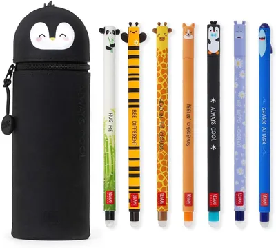 Productafbeelding van Uitwisbare gelpennen + pinguïn 2-in-1 etui - Set van 7 - Thermogevoelige wisinkt - Reeks inktkleuren en vatontwerpen