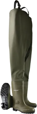 A pair of green waders with black straps and soles, shown against a white background. One wader is shown standing upright, while the other is lying on its side, revealing the sole.