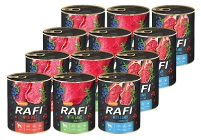 Zdjęcie produktu dla 12x400g Rafi Mokra Karma Dla Dorosłych Psów 3 Smaki W Puszce Zestaw