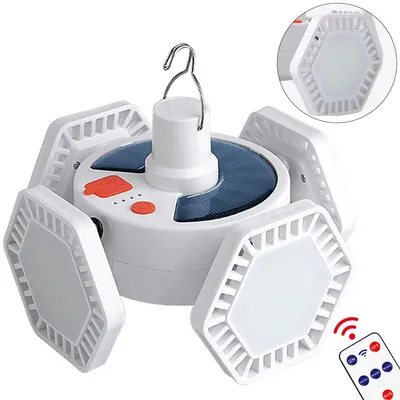Produktbild von LED-Solar-Campinglampe mit Fernbedienung, Powerbank & USB, 4 verstellbare Panels, 360° Beleuchtung, 5 Modi, faltbar, aufhängbar, wasserdicht