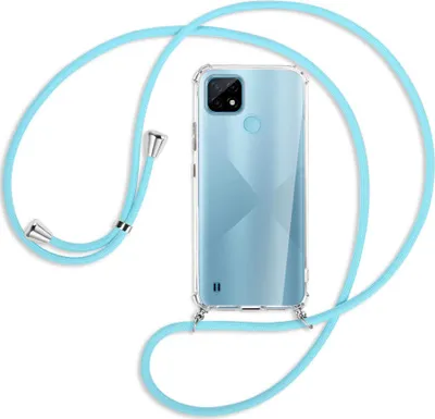 Produktbild von Handykette Backcover-Schutzhülle mit Band (Metall silberfarben) für Realme C21 (RMX3201) - himmelblau