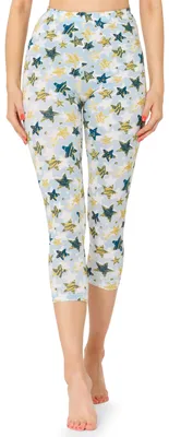 Image de Leggings capri 3/4 pour femme Merry Style à imprimé multicolore sur toute la surface MS10-411 (blanc/bleu avec étoiles dorées, XS)