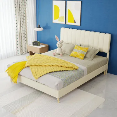 Imagen del producto de Cama tapizada de 140x200 cm con cabecero acolchado, revestimiento de terciopelo holandés, estructura de cama baja sin espacio de almacenamiento, color beige