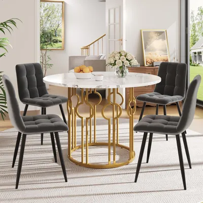 Produktbild von Esstisch-Set (5-teilig), Esstisch-Set mit 4 Stühlen, Küchentisch-Set, runder Esstisch mit 100 cm Durchmesser und goldenen Metallbeinen, weiße MDF-Tischplatte, Esszimmerstühle aus dunkelgrau Samt