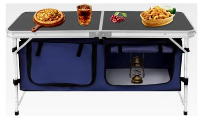 Produktbild von Klappbarer Campingtisch aus Aluminium mit Staufächern, stabiler Klapptisch bis 35 kg für Camping, Picknick, Garten und Party, höhenverstellbar (3 Höhen)