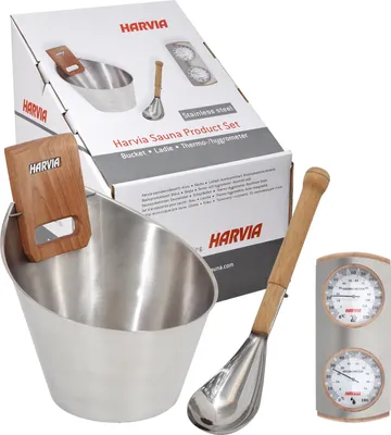 Produktbild von Harvia Zubehörpaket SA006 Saunakübel Schöpfkelle Thermometer Edelstahl Sauna Set