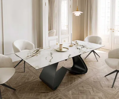 Produktbild von DELIFE Esstisch Edge 180-220x100 Keramik Calacatta Luxe Weiß-Gold-Grau W-Gestell Schwarz ausziehbar