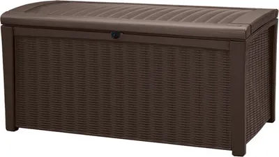 A brown, rectangular deck box with a wicker-like texture.