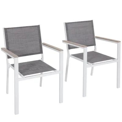 Produktbild von Avestar 2er Set Gartenstühle, Outdoor Stapelstühle, aus Metallgestell und Textilene mit Armlehnen aus Kunstholz, wetterfeste Esszimmerstühle, Grau