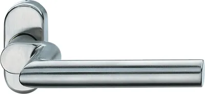 A silver door handle with an oval rosette on a white background.
